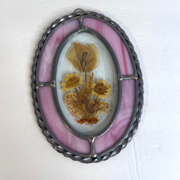 Pressed Dried Flowers in Silver Twisted Metal Frame Oval Colored Glass Boho - Picture 2 of 5